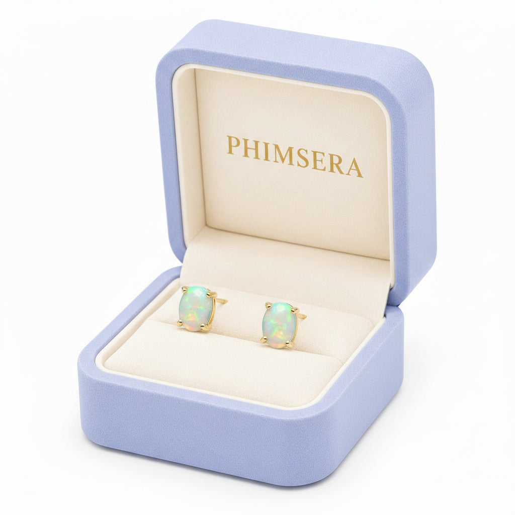 White Fire Opal Stud Earrings 5x7mm 925 Sterling Silver
