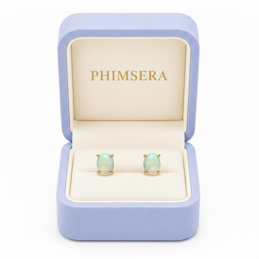 White Fire Opal Stud Earrings 5x7mm 925 Sterling Silver