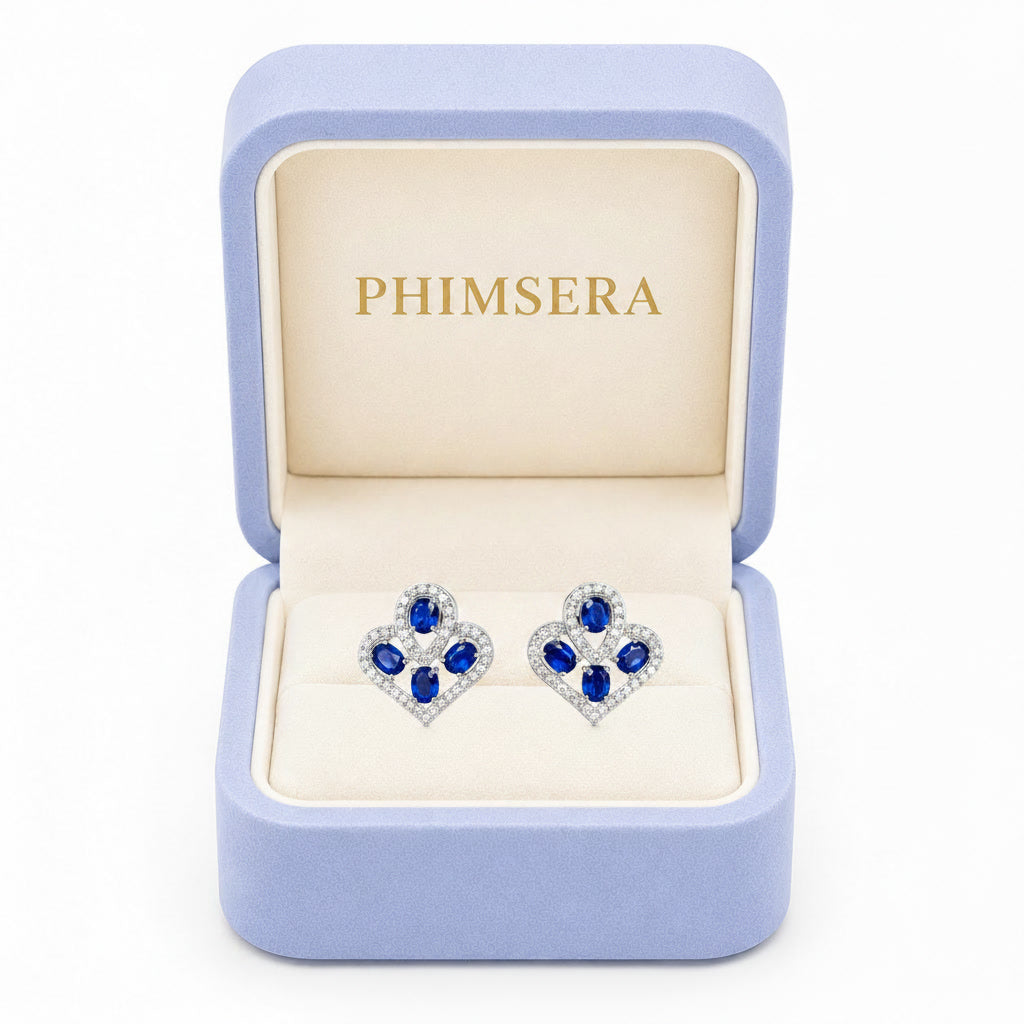 Natural Blue Sri Lanka Sapphire Earrings in 925 Sterling Silver with 3x4 mm oval natural sapphires and cubic zirconia accents