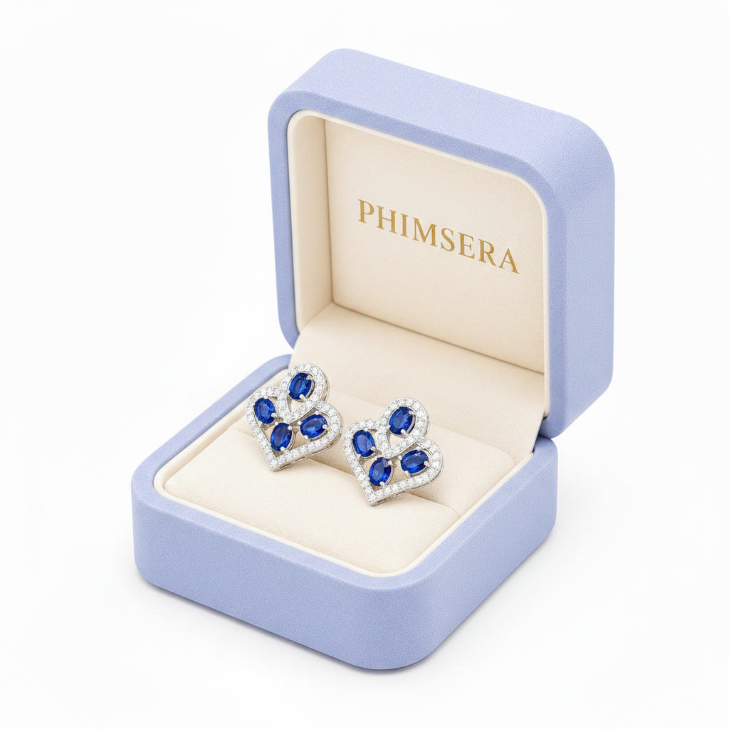 Natural Blue Sri Lanka Sapphire Earrings in 925 Sterling Silver with 3x4 mm oval natural sapphires and cubic zirconia accents