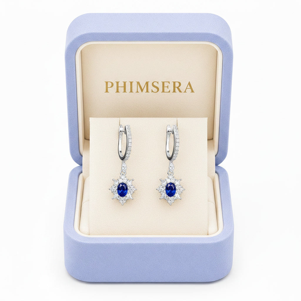 Natural Blue Sri Lanka Sapphire hoop earrings in 925 sterling silver featuring genuine 3×4 mm oval Ceylon sapphires with sparkling cubic zirconia accents
