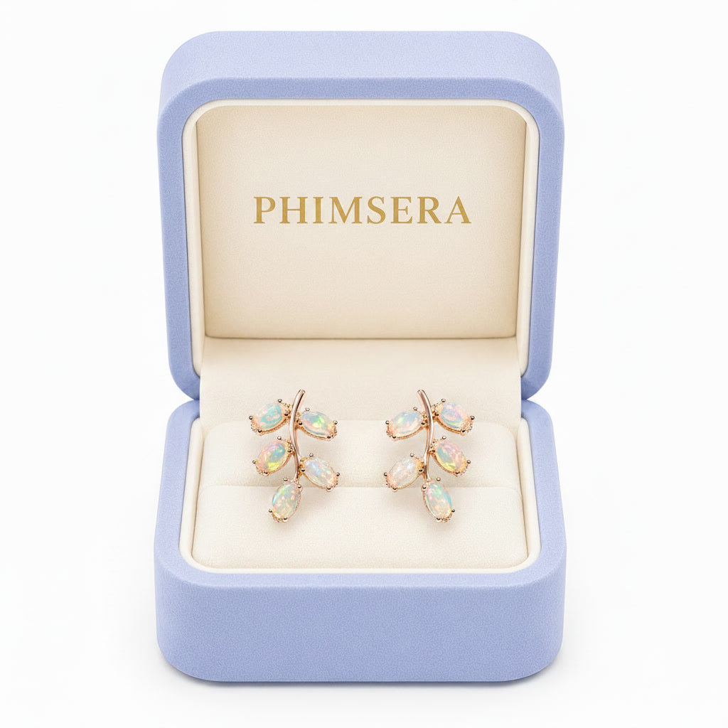 Natural Fire Opal Leaf Stud Earrings 925 Sterling Silver
