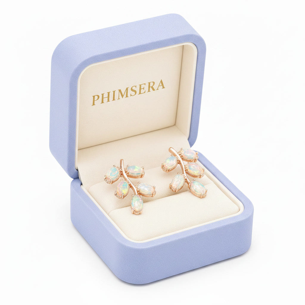 Natural Fire Opal Leaf Stud Earrings 925 Sterling Silver