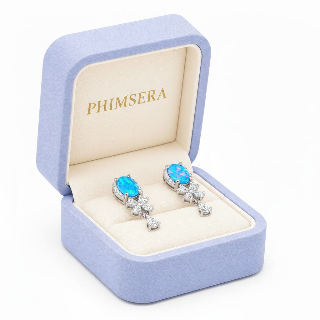 Blue Opal Banquet Stud Earrings, Natural Blue Fire Opal Stud Earrings 5x7mm
