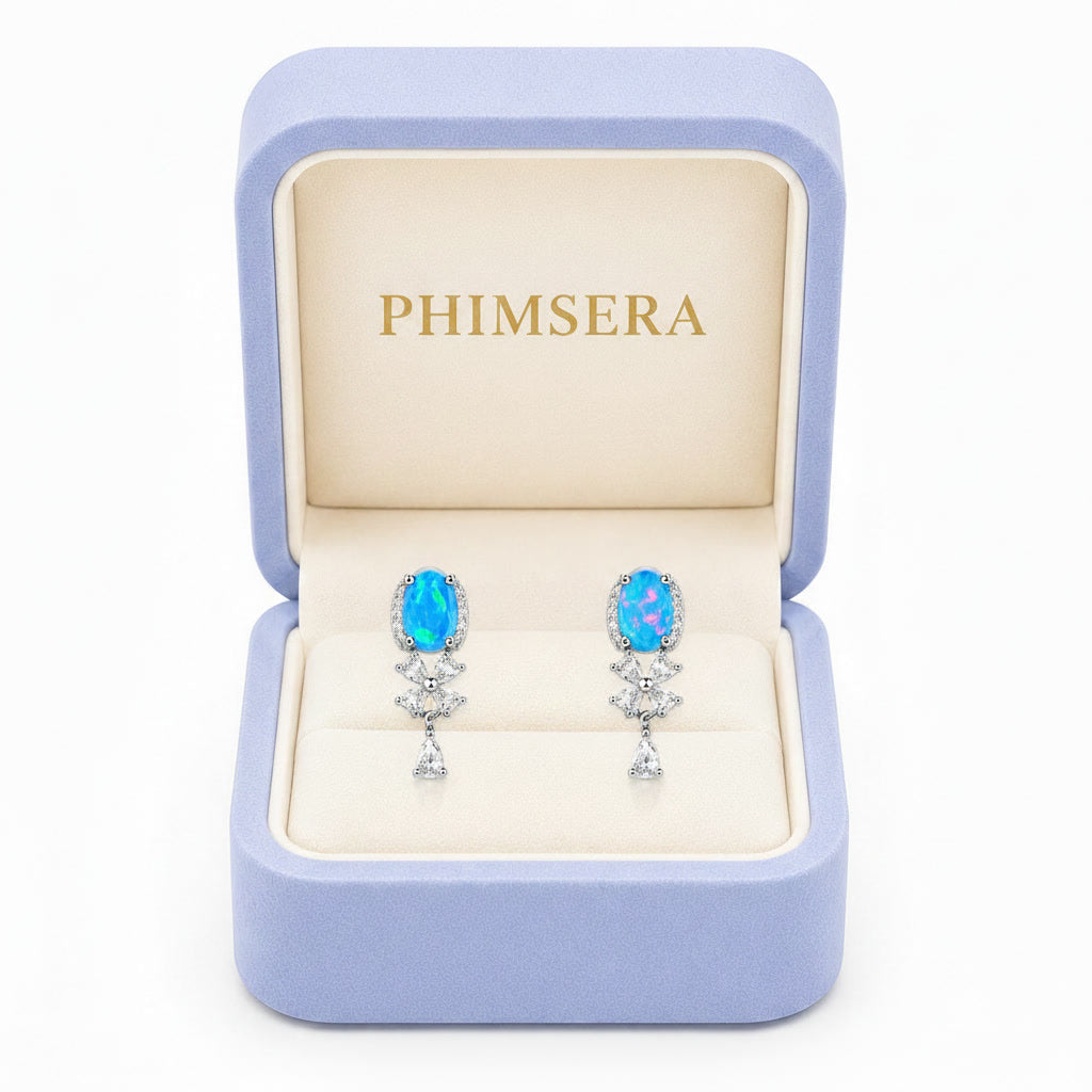 Blue Opal Banquet Stud Earrings, Natural Blue Fire Opal Stud Earrings 5x7mm
