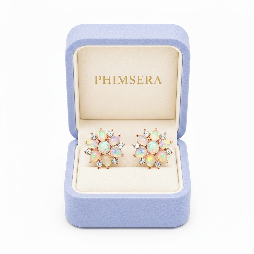 Fire Opal Cluster Stud Earrings, Natural Opal Earrings Sterling Silver Gold