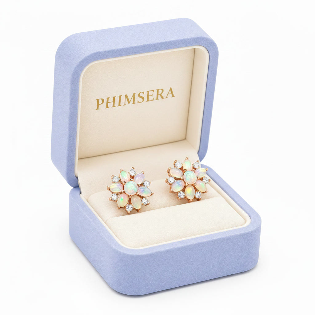Fire Opal Cluster Stud Earrings, Natural Opal Earrings Sterling Silver Gold
