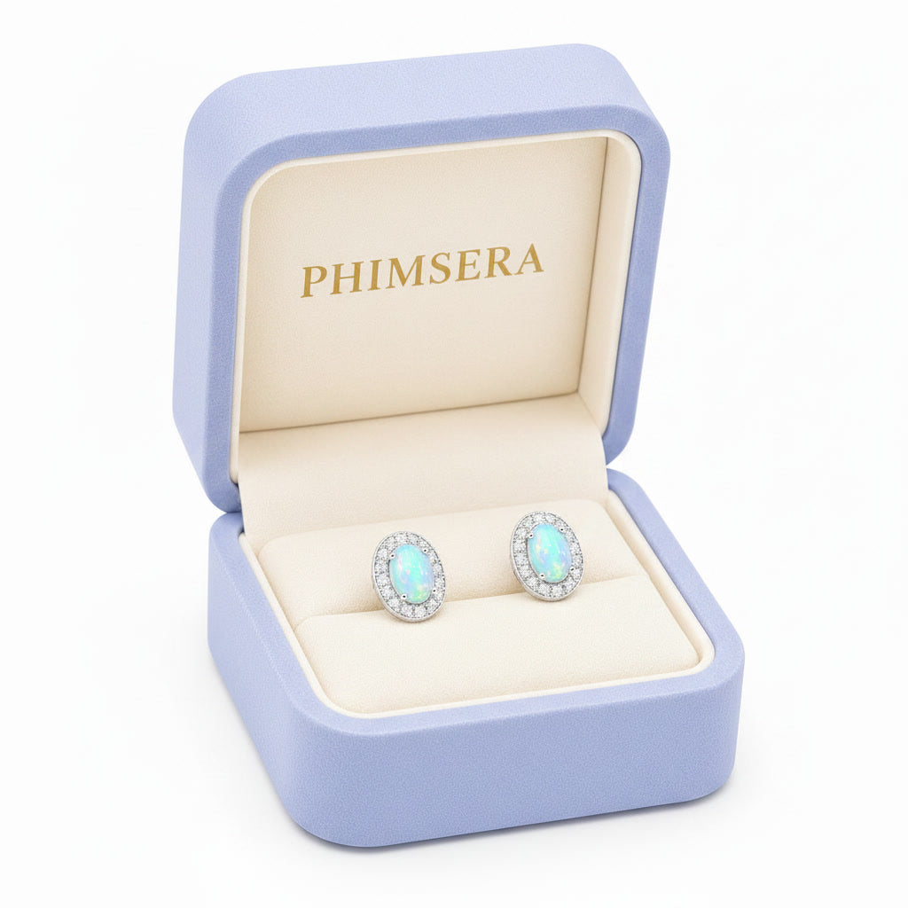 White Fire Opal Stud Earrings, Natural Opal 4x6mm Stud Earrings Sterling Silver