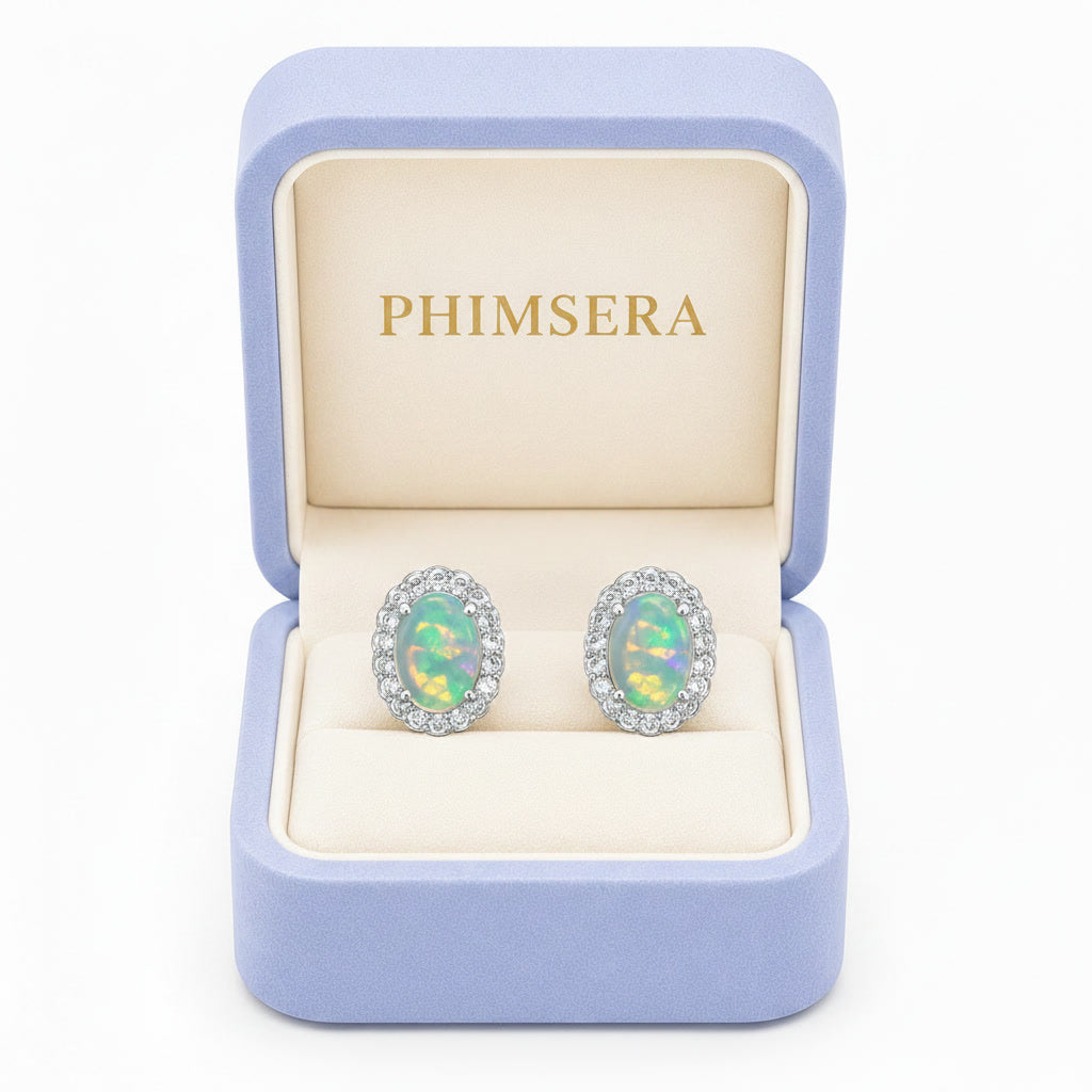 Colorful Fire Opal Stud Earrings, Australian Opal Stud Earrings Sterling 6x8mm