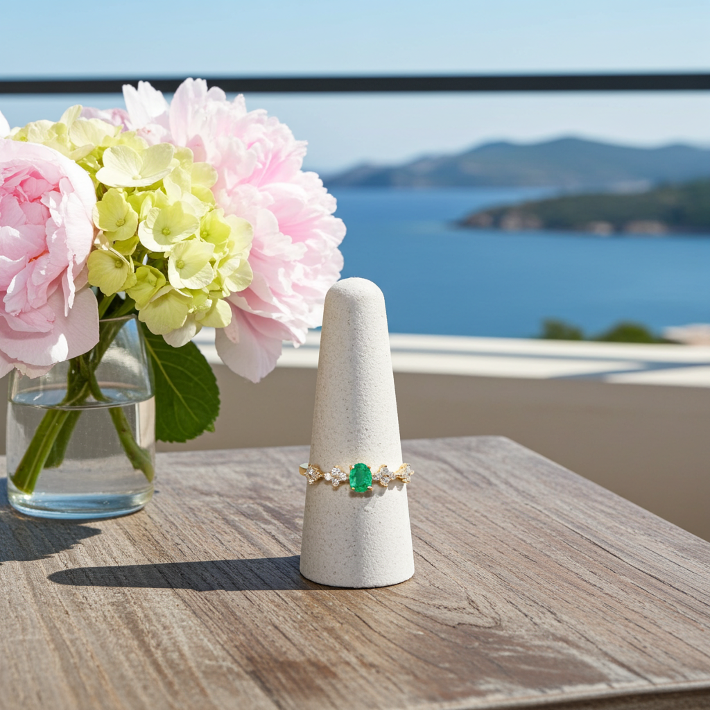 Dainty Emerald Floral Band Ring, Emerald Engagement Ring 4x5mm