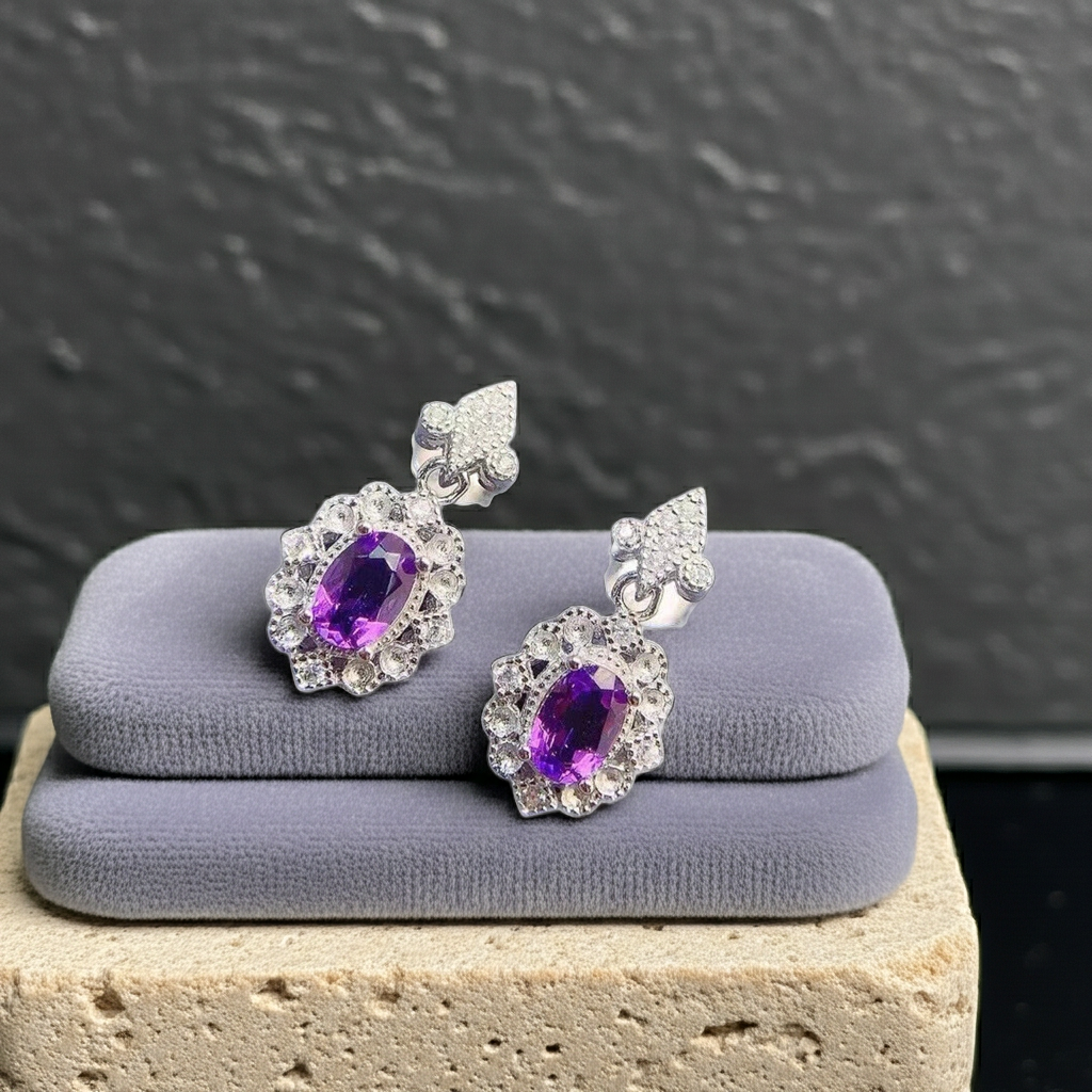 Amethyst Dangle Earrings 4x6mm Platinum Plated