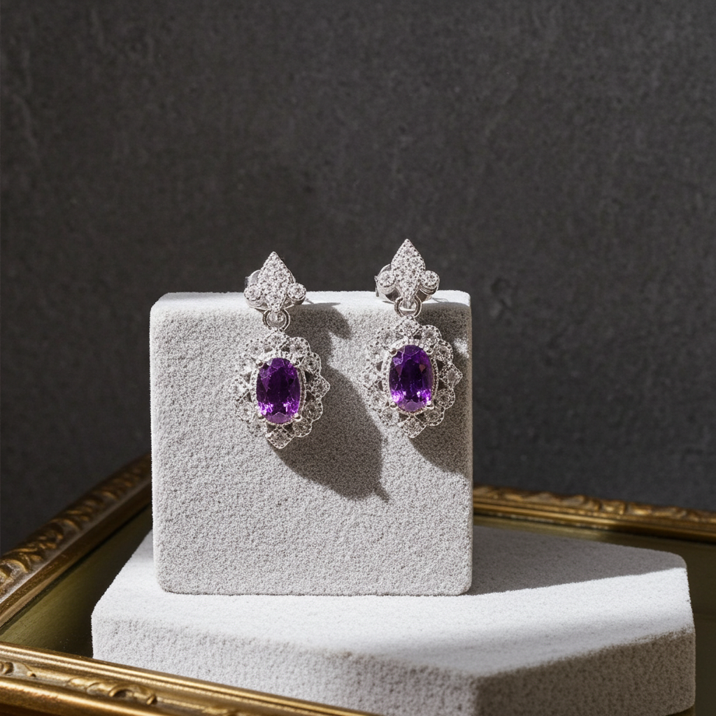 Amethyst Dangle Earrings 4x6mm Platinum Plated
