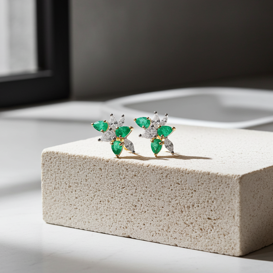 Natural Emerald Pear Cut Cluster Earrings 3x4mm VVS Grade