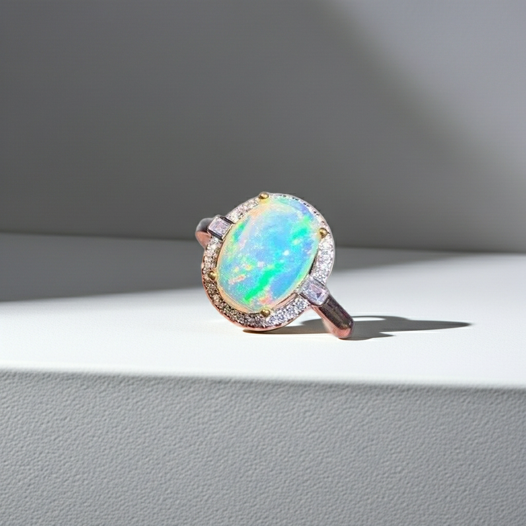 Australian White Opal Ring 8x10mm 925 Sterling Silver