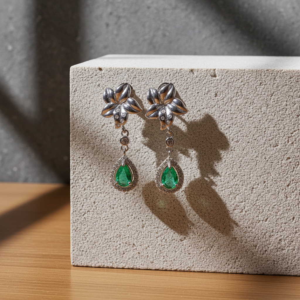 Natural Emerald Flower Dangle Earrings 4x6mm Platinum Plated