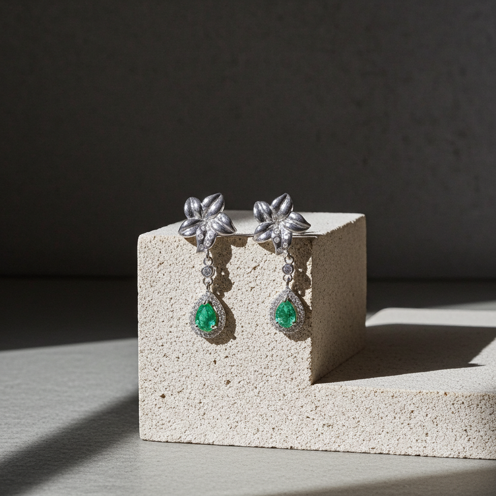 Natural Emerald Flower Dangle Earrings 4x6mm Platinum Plated
