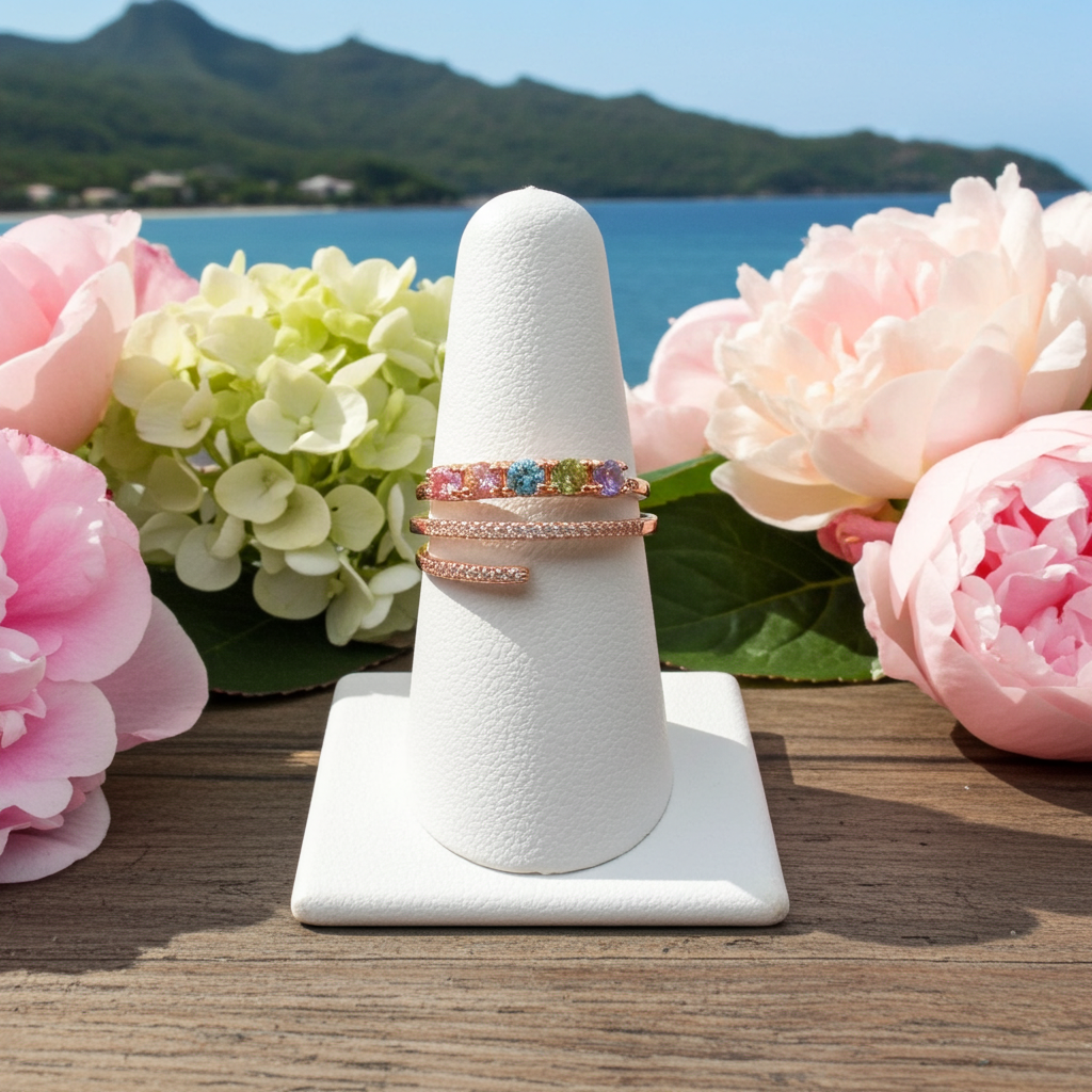 Natural Multi Tourmaline Wrap Ring with 3mm colorful gemstones and cubic zirconia accents in 925 sterling silver with platinum plated finish by PHIMSERA
