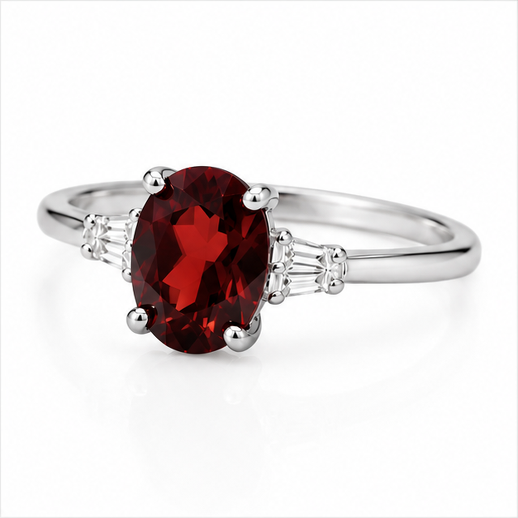 Natural 7x9mm oval red garnet solitaire ring with tapered cubic zirconia accent stones in sterling silver.