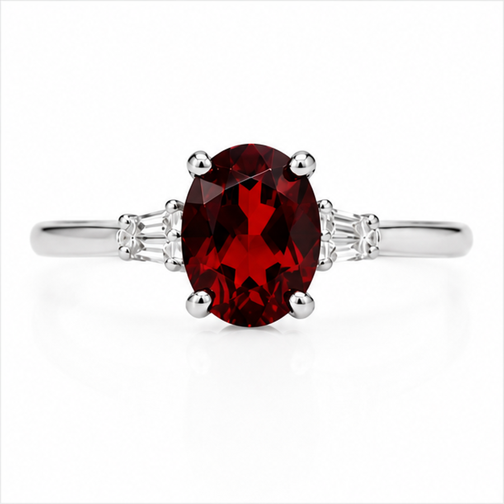 Natural 7x9mm oval red garnet solitaire ring with tapered cubic zirconia accent stones in sterling silver.