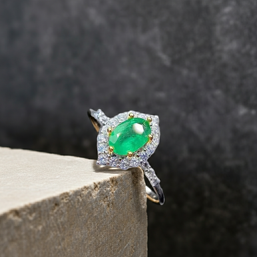 Grade AAA Natural Emerald Ring 4x6mm Platinum Plated, Colombian Emerald Ring