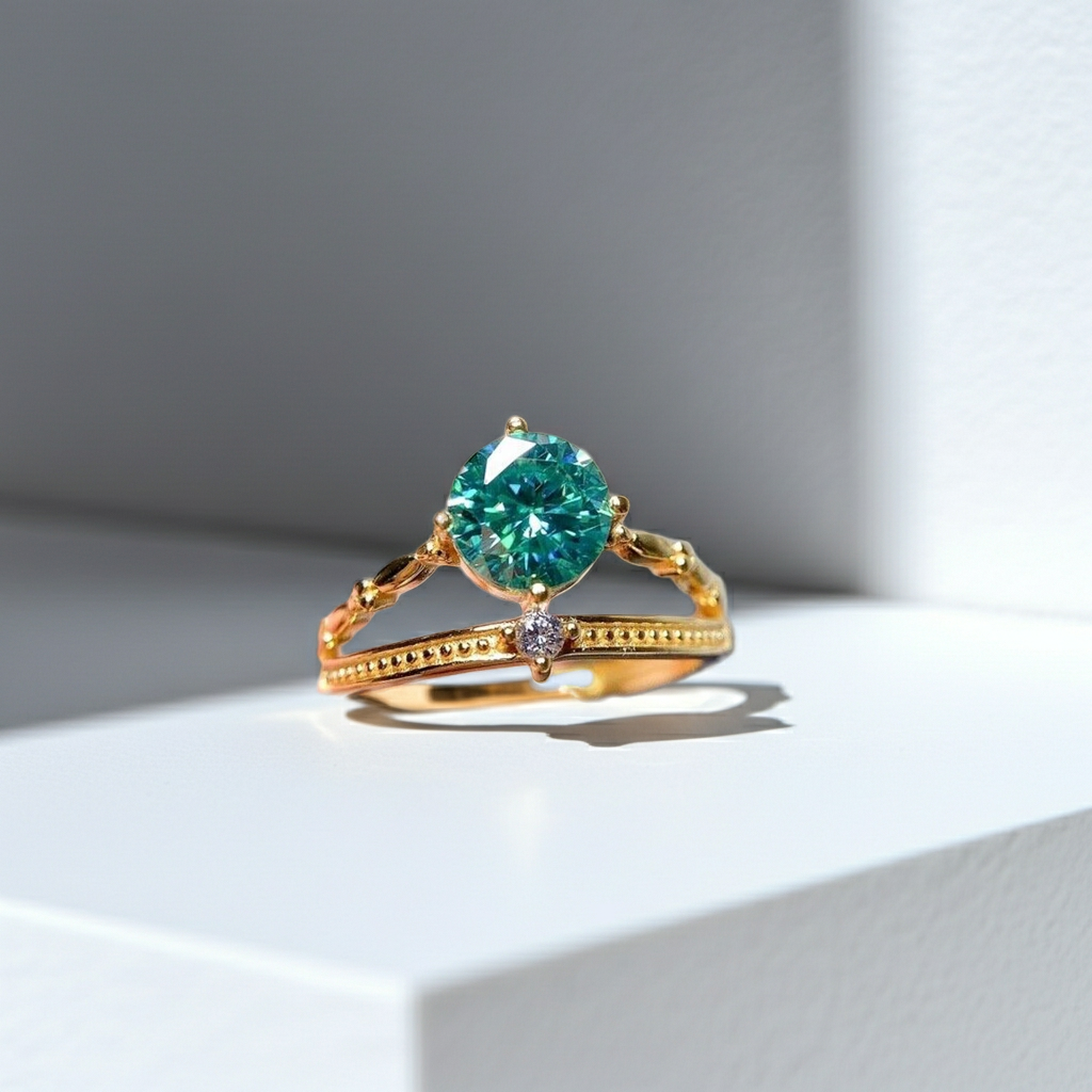 VVS1 1 CT Green Moissanite Ring Round Brilliant Cut