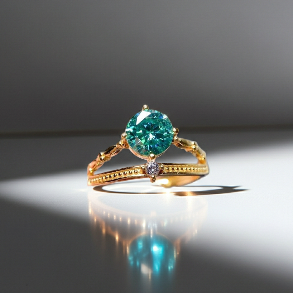 VVS1 1 CT Green Moissanite Ring Round Brilliant Cut