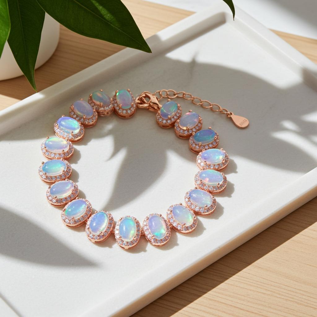 Natural Fire Opal Tennis Bracelet 4x6mm 14k Gold Plated Sterling Silver