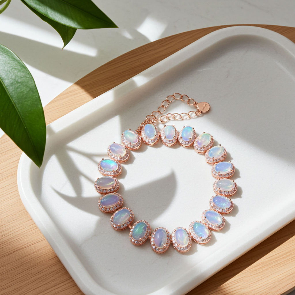 Natural Fire Opal Tennis Bracelet 4x6mm 14k Gold Plated Sterling Silver