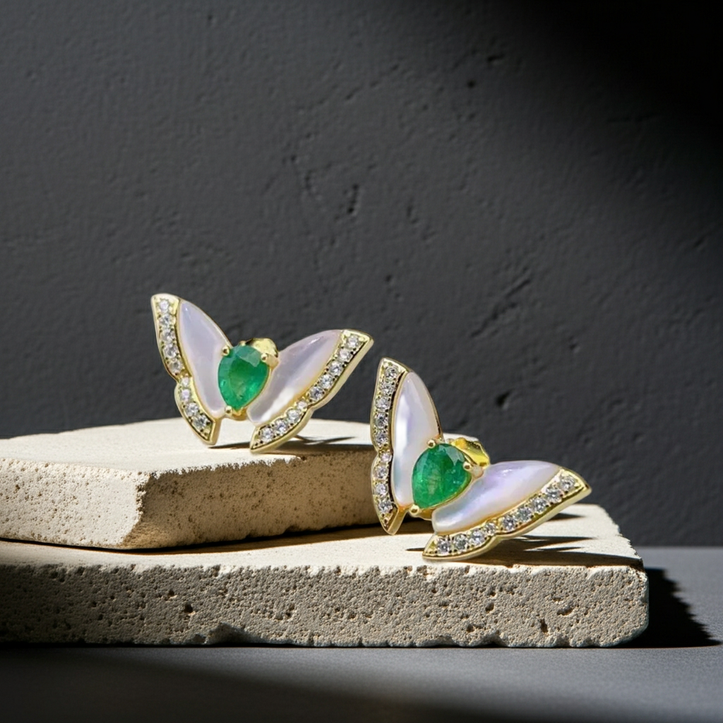 Colombian Emerald Butterfly Stud Earrings 14k Gold Plated