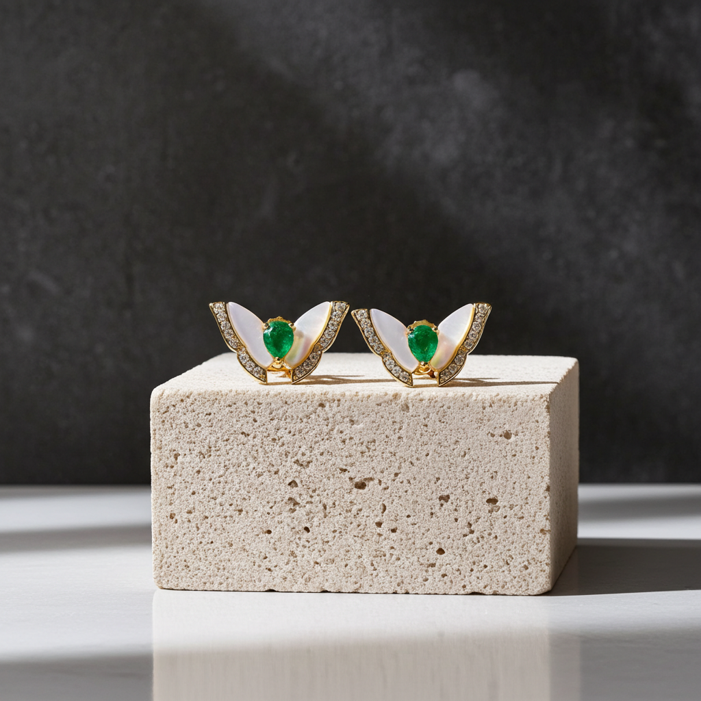 Colombian Emerald Butterfly Stud Earrings 14k Gold Plated