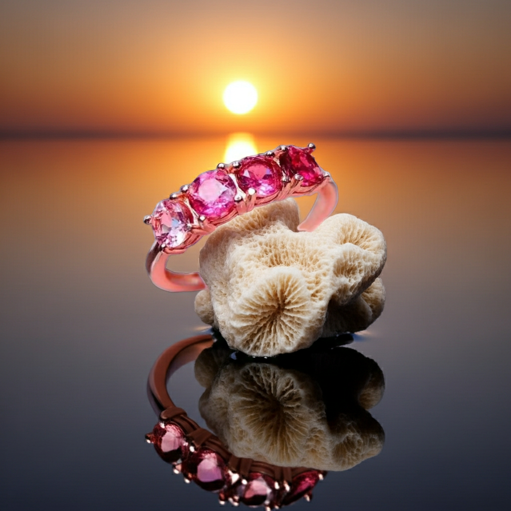 Pink Tourmaline Band Ring, Gradient Pink Tourmaline Ring 925 Sterling Silver