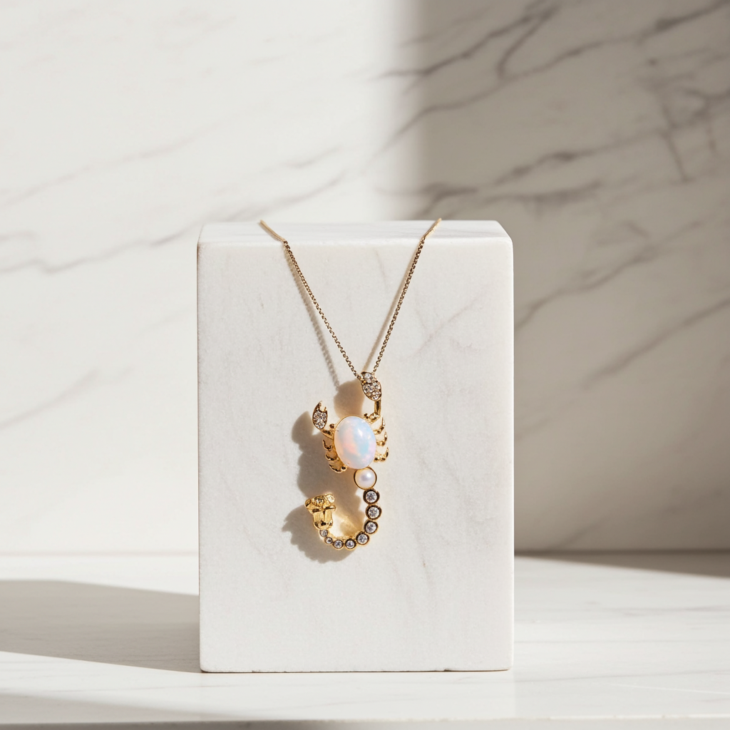 Natural White Fire Opal Scorpion Necklace 925 Sterling Silver