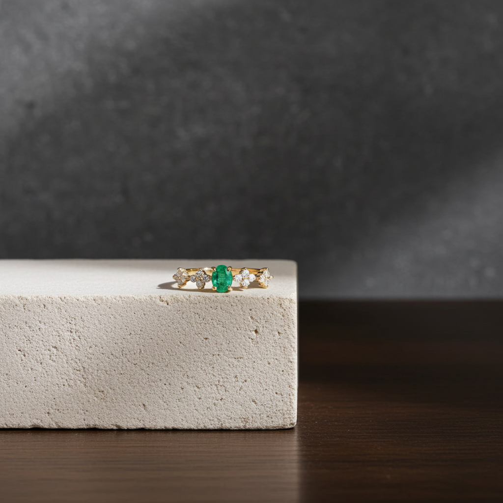 Dainty Emerald Floral Band Ring, Emerald Engagement Ring 4x5mm