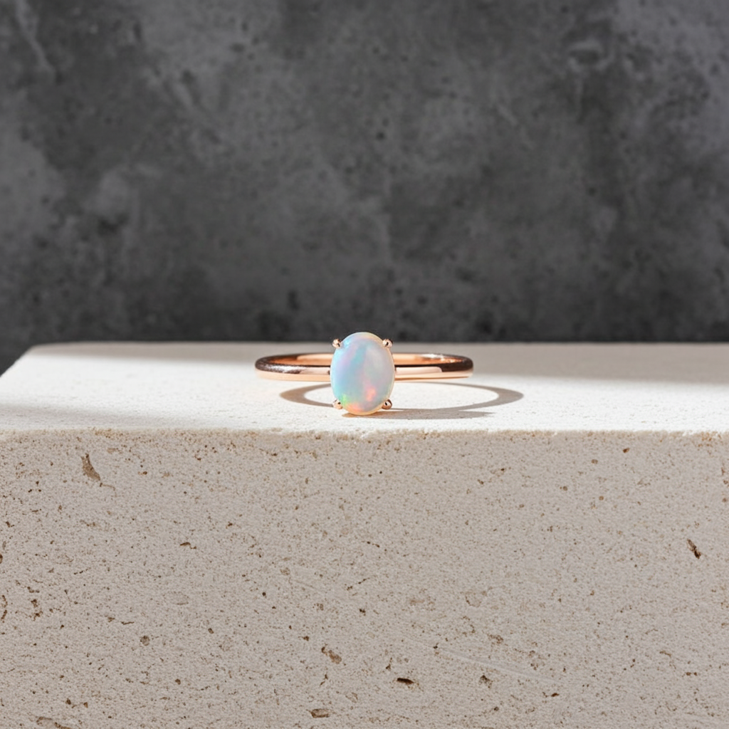 Australian Opal Statement Ring, Natural White Opal Ring 5x7mm