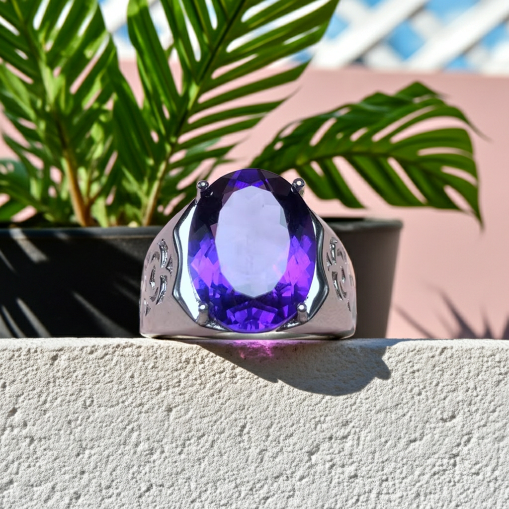 12CT Mens Amethyst Ring 925 Sterling Silver, Gemstone Rings For Men