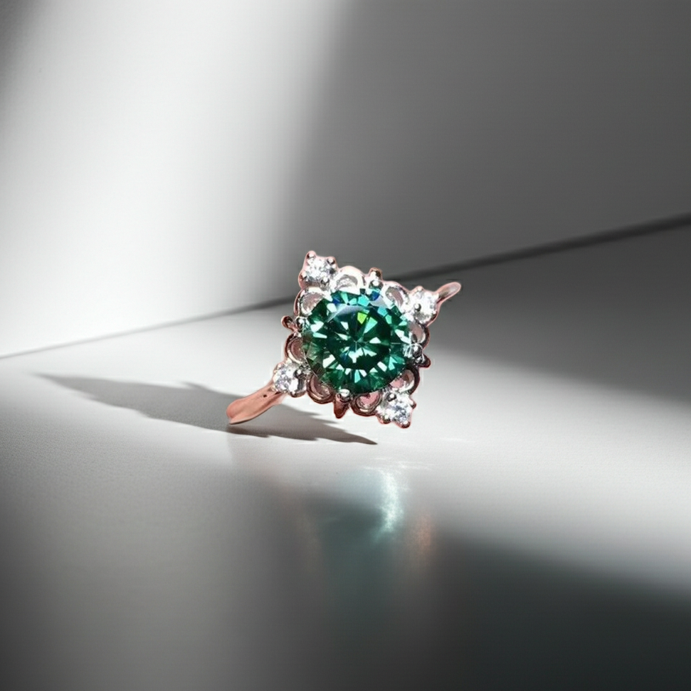 VVS1 1 CT Round Brilliant Cut Green Moissanite Flower Ring