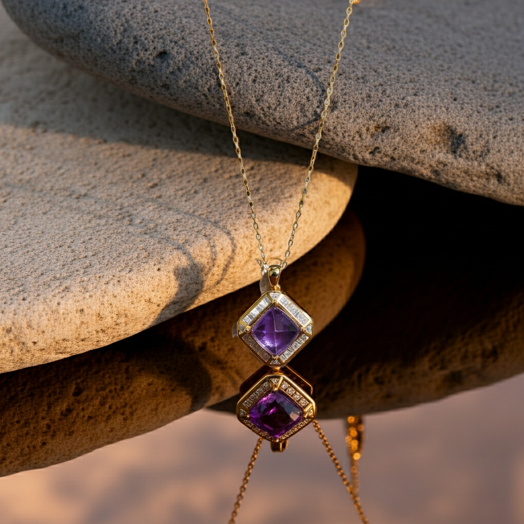 5CT Sugarloaf Amethyst Pendant Necklace 925 Sterling Silver
