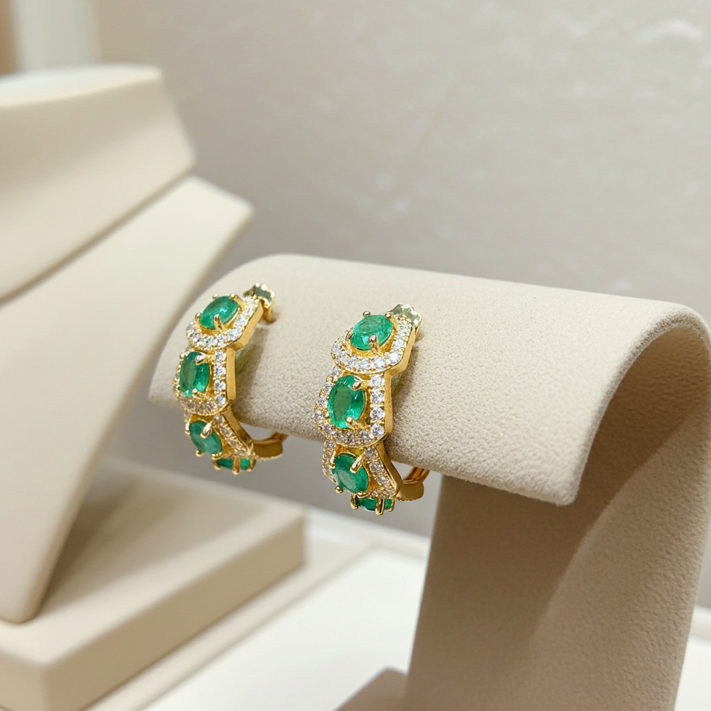 Natural Emerald Hoop Earrings 14k Gold Plated, Emerald Jewelry
