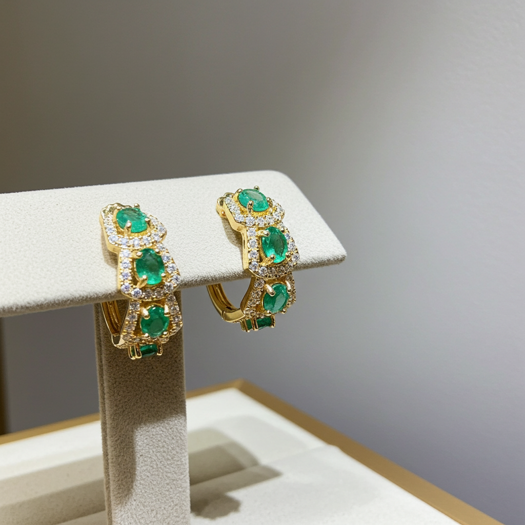 Natural Emerald Hoop Earrings 14k Gold Plated, Emerald Jewelry