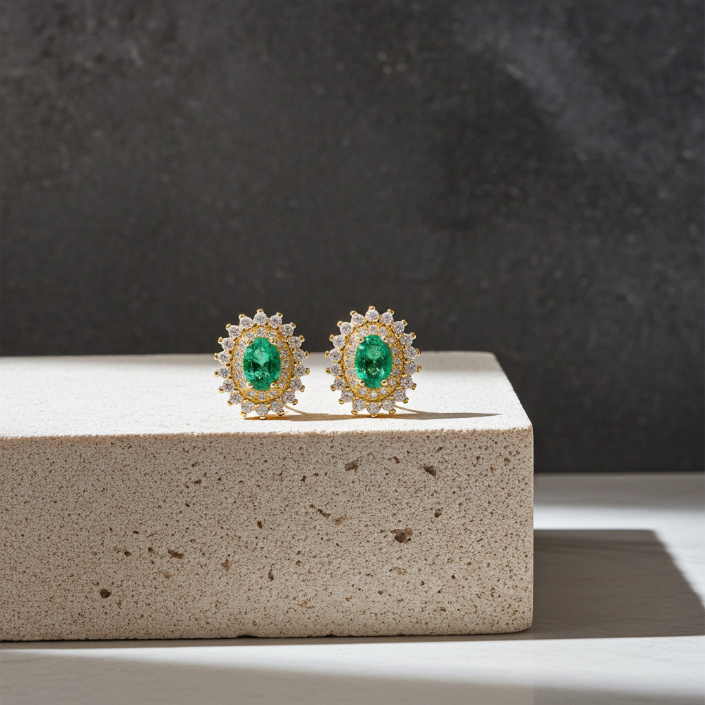 Colombian Emerald Cluster Stud Earrings 4x6mm 14k Gold Plated
