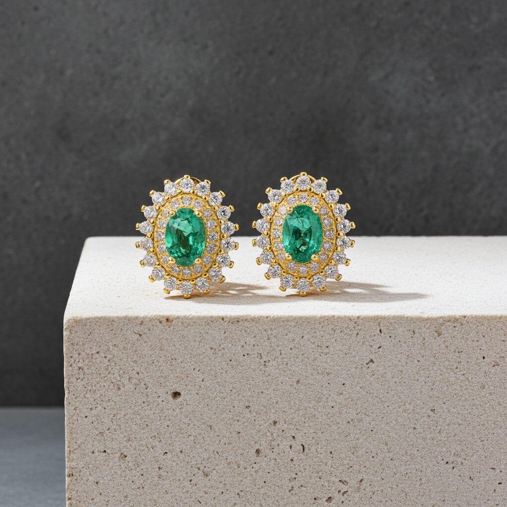Colombian Emerald Cluster Stud Earrings 4x6mm 14k Gold Plated