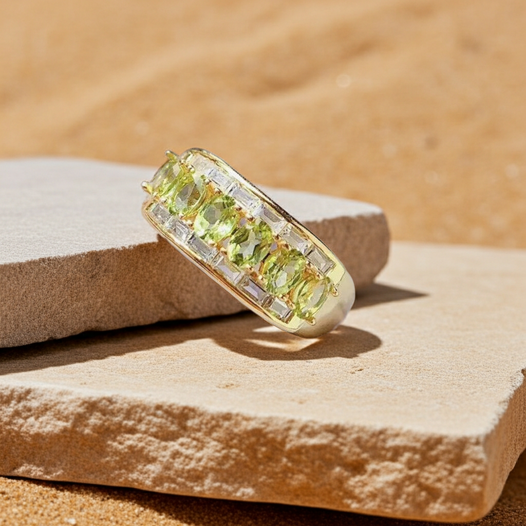 Natural Peridot Gemstone Band Ring 3x4mm, August Birthstone Peridot Ring