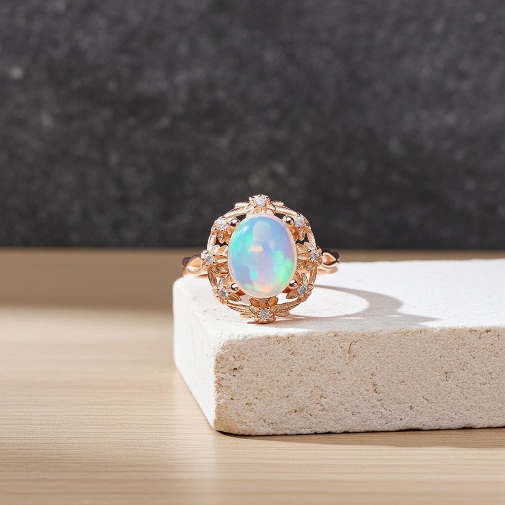 Fire Opal Statement Ring 8x10mm 1.7CT, Natural Fire Opal Ring