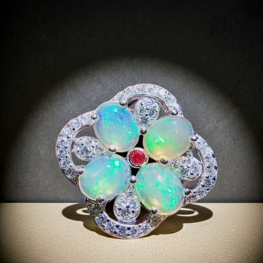 Australian Opal Cluster Ring 925 Sterling Silver Fire Opal