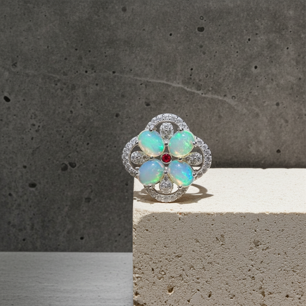 Australian Opal Cluster Ring 925 Sterling Silver Fire Opal