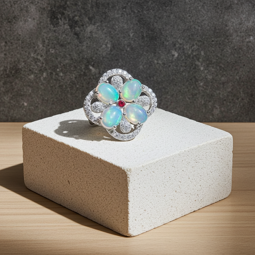 Australian Opal Cluster Ring 925 Sterling Silver Fire Opal