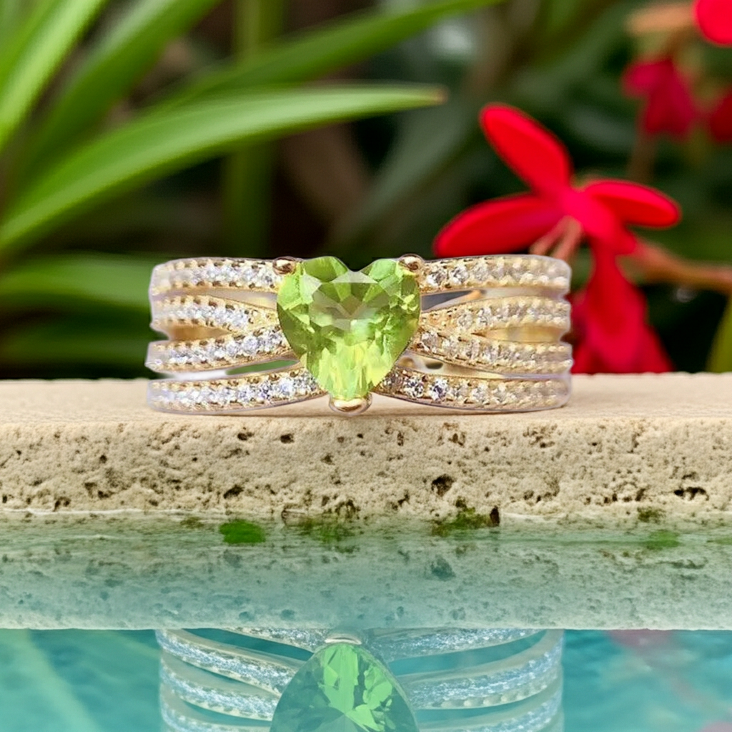 Natural Peridot Gemstone Heart Ring 6mm, August Birthstone Peridot Ring