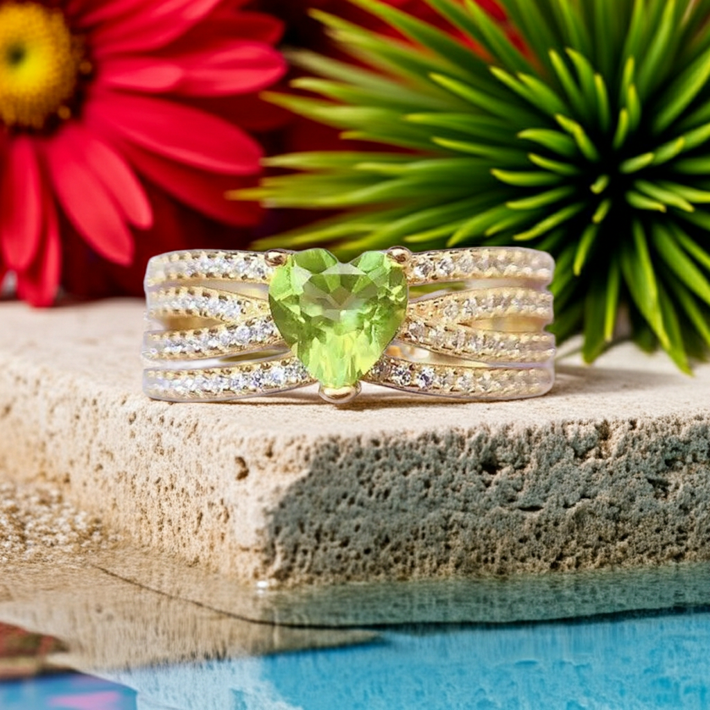 Natural Peridot Gemstone Heart Ring 6mm, August Birthstone Peridot Ring