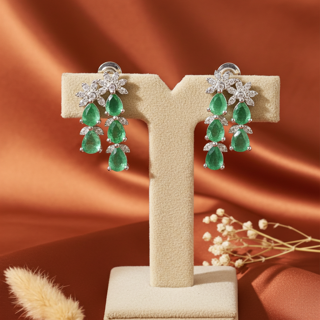 Colombian Emerald Cluster Earrings, Emerald Earrings For Women