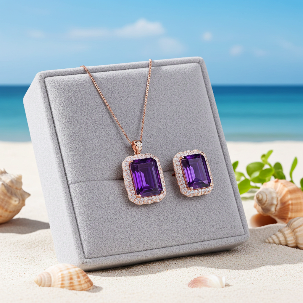 15CT Emerald Cut Amethyst Jewelry Set 10x14mm